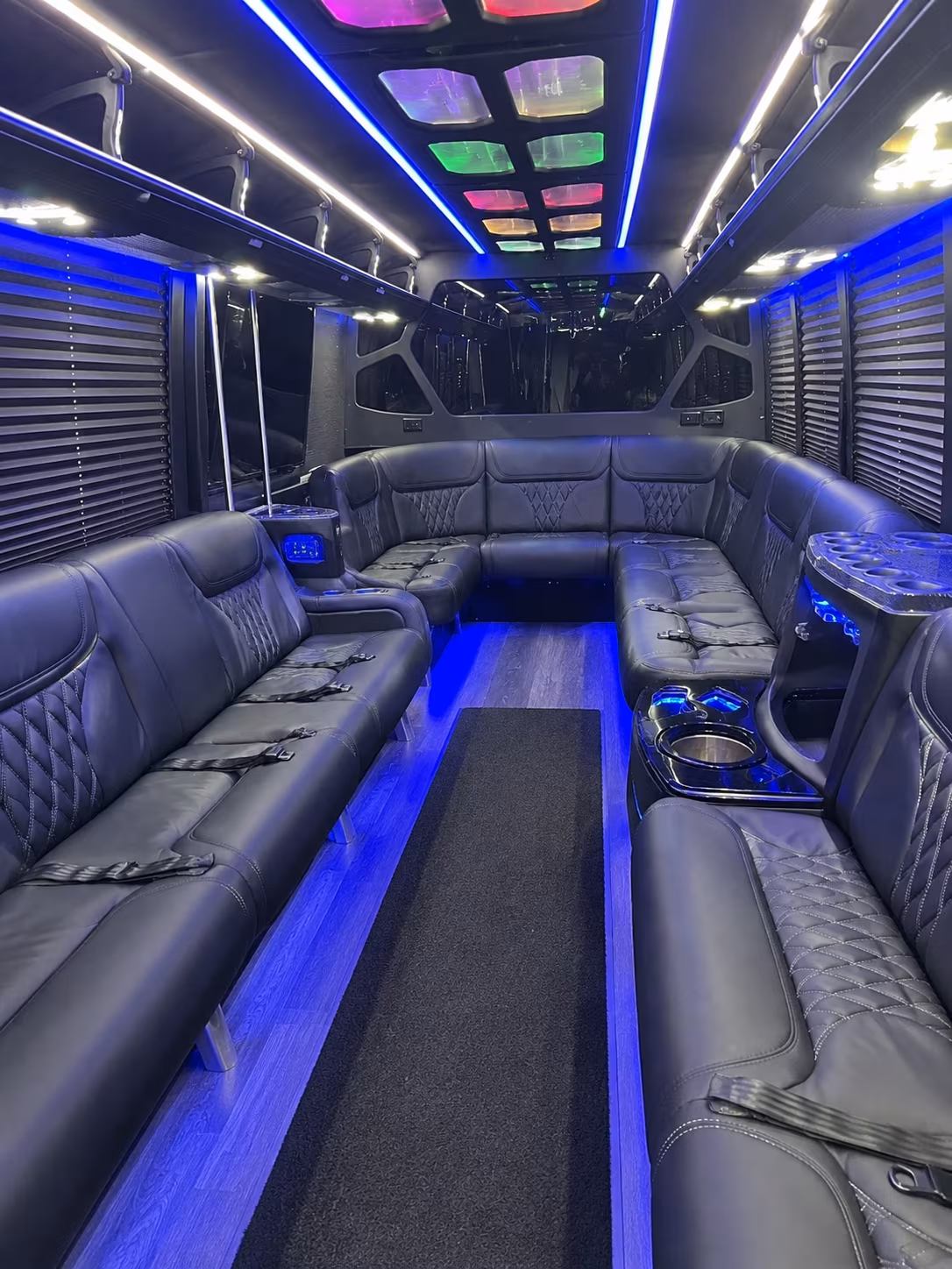Interior of a party bus rental serving Lubbock